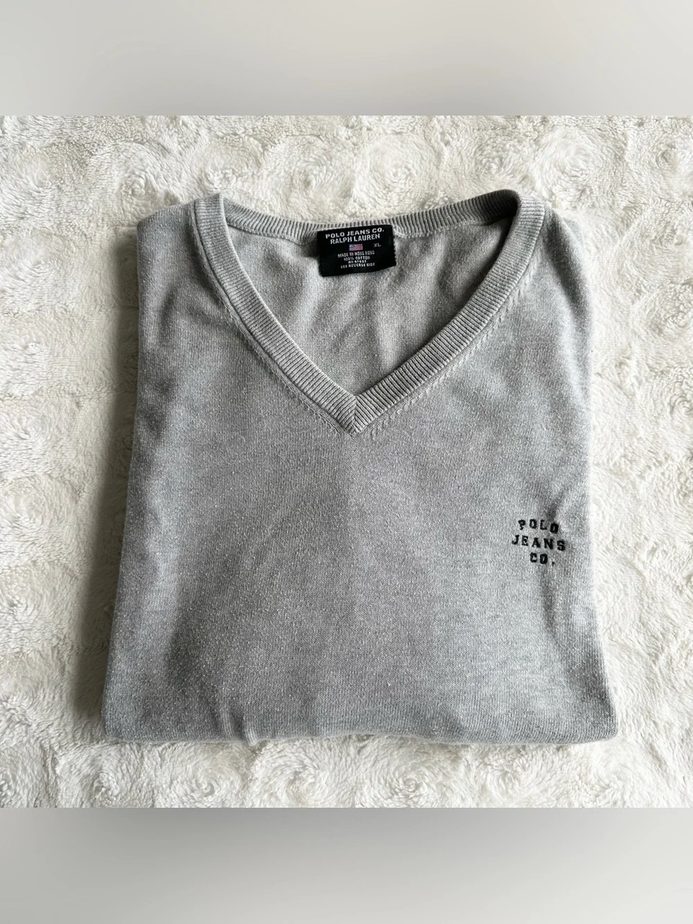 Vintage Polo Jeans Co Sweater Pullover Mens XL Gray Ralph Lauren Knit V-Neck Vtg